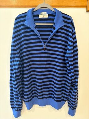 Fairway & Greene 100% Cashmere Blue and Navy Striped Half-Zip Golf Sweater -XL